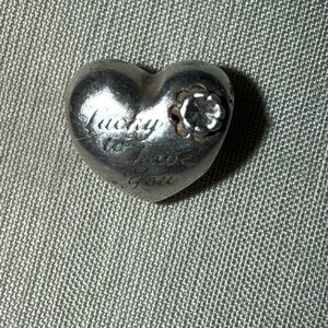 Pandora Silver Heart Charm says LUCKY to have you on the back M❤️M